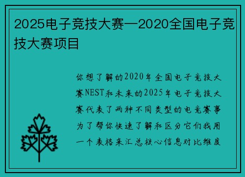 2025电子竞技大赛—2020全国电子竞技大赛项目
